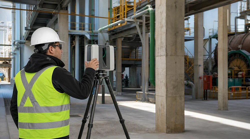 Profesional operando un escáner LiDAR terrestre en una instalación industrial